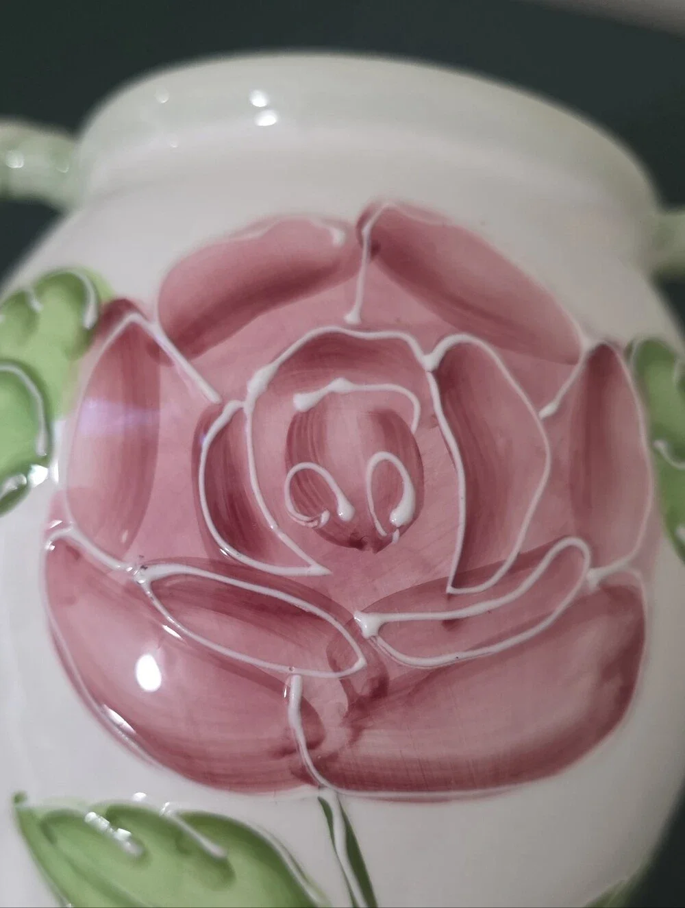 Handpainted Ceramic Vase Embossed Rose Design Twisted Handles Coquette Cottage